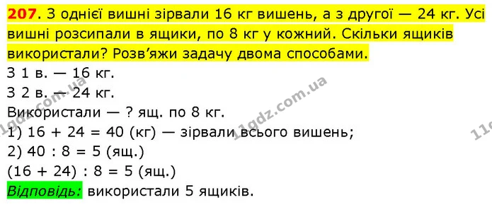 207. З однієї вишні зірвали 16 кг вишень, а з другої — 24 кг. Усі вишні розсипали в ящики, по 8 кг у кожний. Скільки ящиків — ГДЗ Математика 3 клас Будна 1-2 ч.
