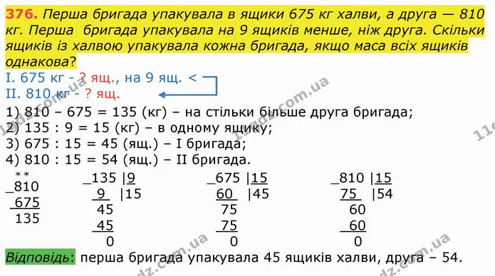 376. Перша бригада упакувала в ящики 675 кг халви, а друга — 810 кг. Перша бригада упакувала на 9 ящиків менше, ніж друга. Скільки — ГДЗ Математика 4 клас Оляницька