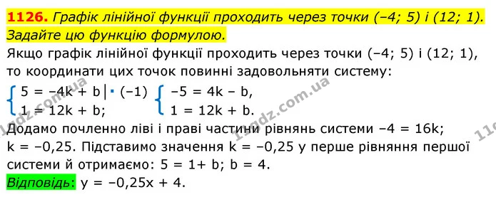 1126. Графік лінійної функції проходить через точки (–4; 5) і (12; 1). Задайте цю функцію формулою. — ГДЗ Алгебра 7 клас Істер 2020