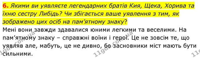 6. Якими ви уявляєте легендарних братів Кия, Щека, Хорива та їхню сестру Либідь? Чи збігається ваше уявлення з тим, як зображено цих — ГДЗ Українська література 5 клас Заболотний