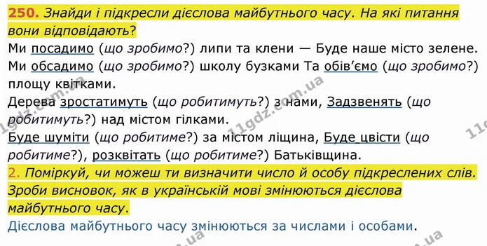 250. Знайди і підкресли дієслова майбутнього часу. На які питання вони відповідають? — ГДЗ Українська мова та читання 4 клас Коваленко