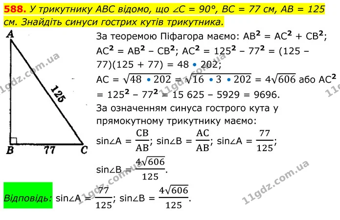 588. У трикутнику ABC відомо, що ∠C = 90°, BC = 77 см, AB = 125 см. Знайдіть синуси гострих кутів трикутника. — ГДЗ Геометрія 8 клас Мерзляк