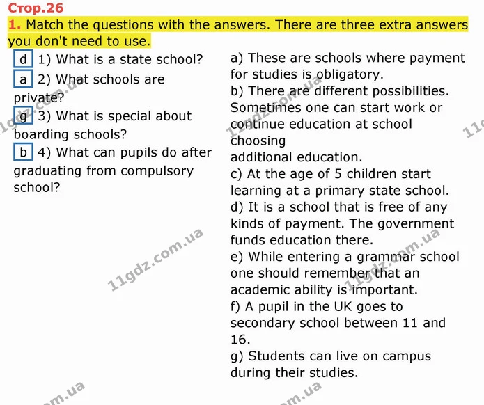 1. Match the questions with the answers. There are three extra answers you don't need to use. — ГДЗ Робочий зошит англійська мова 10 клас Ходаковська
