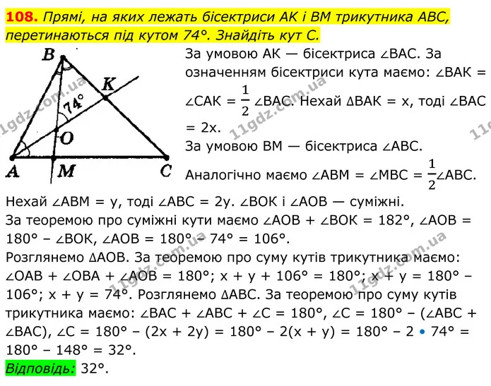 108. Прямі, на яких лежать бісектриси AK і BM трикутника ABC, — ГДЗ Геометрія 8 клас Мерзляк