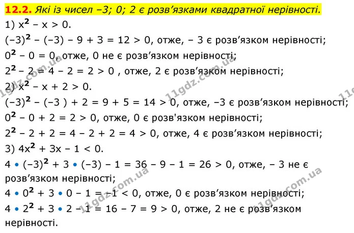12.2. Які із чисел –3; 0; 2 є розв’язками квадратної нерівності. — ГДЗ Алгебра 9 клас Істер