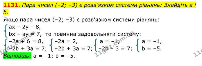 1131. Пара чисел (–2; –3) є розв’язком системи рівнянь: Знайдіть а і b. — ГДЗ Алгебра 7 клас Істер 2020
