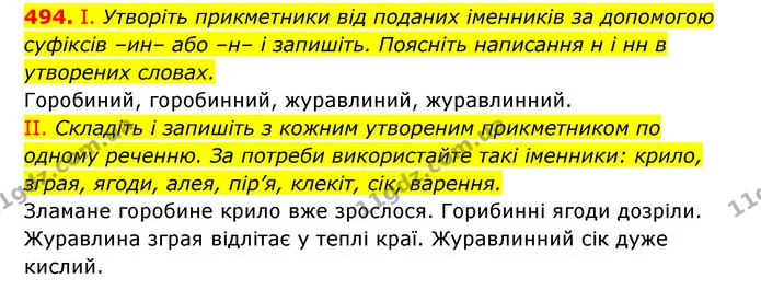 494. І. Утворіть прикметники від поданих іменників за допомогою суфіксів –ин– або –н– і запишіть. Поясніть написання н і нн в утворених — ГДЗ Українська мова 6 клас Заболотний 2023