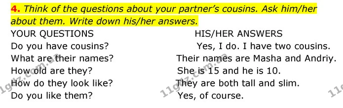 4. Think of the questions about your partner’s cousins. Ask him/her about them. Write down his/her answers. — ГДЗ Робочий зошит Англійська мова 6 клас Карпюк