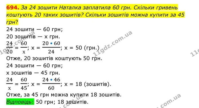 694. За 24 зошити Наталка заплатила 60 грн. Скільки гривень коштують 20 таких зошитів? Скільки зошитів можна купити за 45 грн? — ГДЗ Математика 6 клас Тарасенкова 2023 1-2 ч.