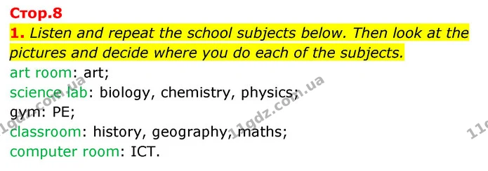1. Listen and repeat the school subjects below. Then look at the pictures and decide where you do each of the subjects. — ГДЗ Англійська мова 6 клас Мітчелл