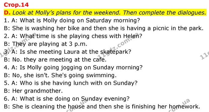 D. Look at Molly’s plans for the weekend. Then complete the dialogues. — ГДЗ робочий зошит Англійська мова 7 клас Мітчелл