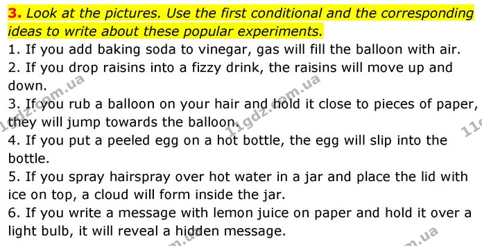 3. Look at the pictures. Use the first conditional and the corresponding ideas to write about these popular experiments. — ГДЗ зошит Grammar Англійська мова 8 клас Prepare 2025
