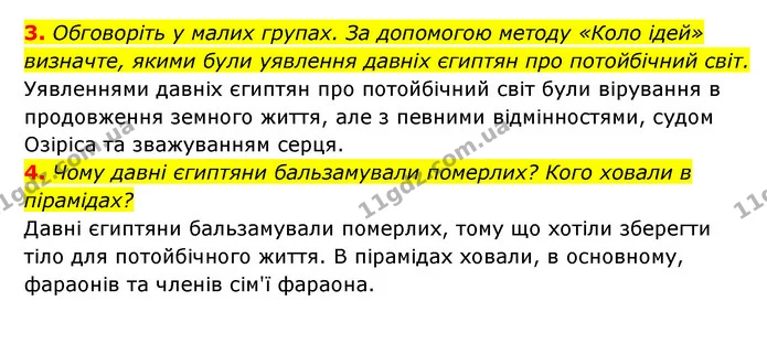 3. Обговоріть у малих групах. За допомогою методу «Коло ідей» визначте, якими були уявлення давніх єгиптян про потойбічний світ. — ГДЗ Історія України 6 клас Гісем