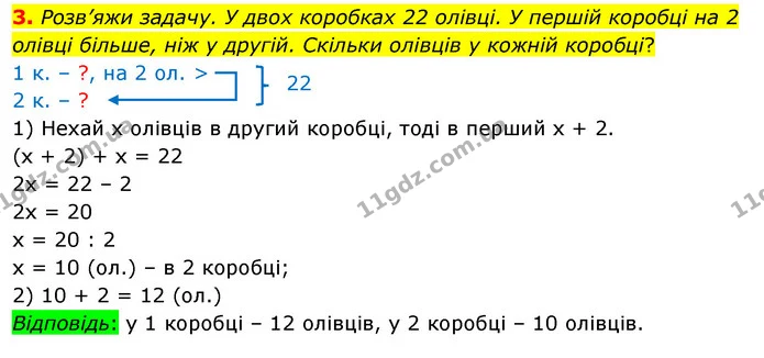 3. Розв’яжи задачу. У двох коробках 22 олівці. У першій коробці на 2 олівці більше, ніж у другій. Скільки олівців у кожній коробці? — ГДЗ Математика 3 клас Скворцова 1-2 ч.