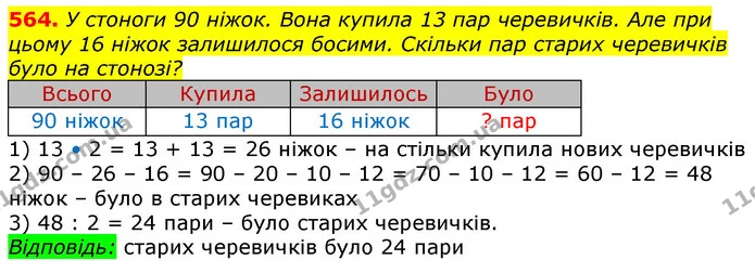 564. У стоноги 90 ніжок. Вона купила 13 пар черевичків. Але при цьому 16 ніжок залишилося босими. Скільки пар старих черевичків було на — ГДЗ Математика 3 клас Лишенко (1, 2 частина)
