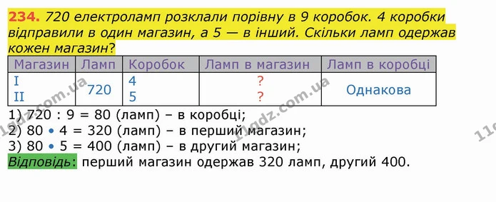 234. 720 електроламп розклали порівну в 9 коробок. 4 коробки відправили в один магазин, а 5 — в інший. Скільки ламп одержав кожен — ГДЗ Математика 4 клас Лишенко 1-2 ч.