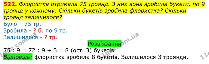 522. Флористка отримала 75 троянд. З них вона зробила букети, по 9 троянд у кожному. Скільки букетів зробила флористка? Скільки троянд — ГДЗ Математика 3 клас Листопад 1-2 ч.
