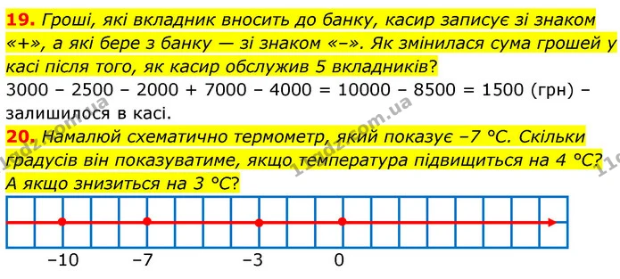 19. Гроші, які вкладник вносить до банку, касир записує зі знаком «+», а які бере з банку — зі знаком «–». Як змінилася сума грошей у — ГДЗ Математика 6 клас Бевз 1-2 ч.