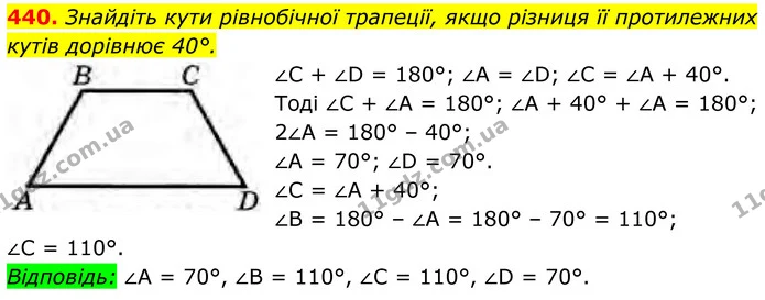 440. Знайдіть кути рівнобічної трапеції, якщо різниця її протилежних кутів дорівнює 40°. — ГДЗ Геометрія 8 клас Бурда