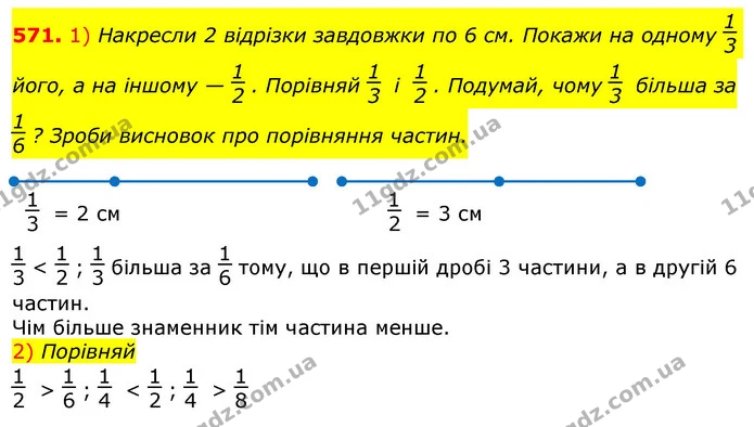 571. 1) Накресли 2 відрізки завдовжки по 6 см. Покажи на одному його, а на іншому — . Порівняй і . Подумай, чому більша за ? Зроби — ГДЗ Математика 3 клас Лишенко (1, 2 частина)