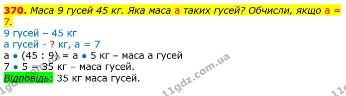 370. Маса 9 гусей 45 кг. Яка маса а таких гусей? Обчисли, якщо а = 7. — ГДЗ Математика 3 клас Лишенко (1, 2 частина)