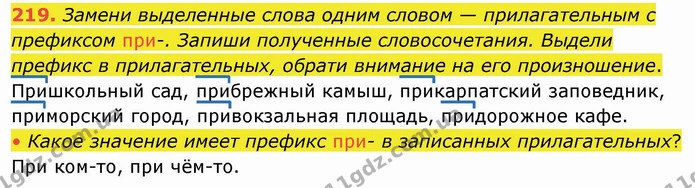 219. Замени выделенные слова одним словом — прилагательным с префиксом при-. Запиши полученные словосочетания. Выдели префикс в — ГДЗ Русский язык и чтение 4 класс Лапшина 1 ч.