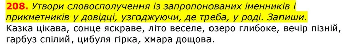 208. Утвори словосполучення із запропонованих іменників і прикметників у довідці, узгоджуючи, де треба, у роді. Запиши. — ГДЗ Українська мова та читання 3 клас Захарійчук 2020