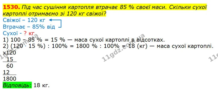 1530. Під час сушіння картопля втрачає 85 % своєї маси. Скільки сухої картоплі отримаємо зі 120 кг свіжої? — ГДЗ Математика 5 клас Істер 2018