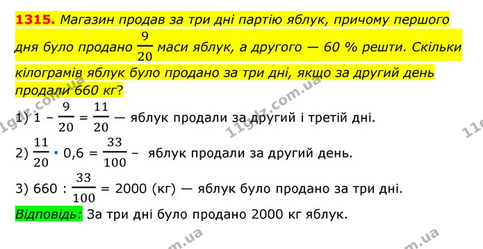 1315. Магазин продав за три дні партію яблук, причому першого дня було продано 920 маси яблук, а другого — 60 % решти. Скільки — ГДЗ Математика 6 клас Мерзляк 2023 1-2 ч.