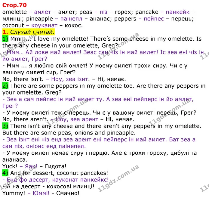 omelette – амлет – амлет; peas – піз – горох; pancake – панкейк – млинці; pineapple – паінепл – ананас; peppers – пейпес – перець — ГДЗ Англійська мова 3 клас Мітчелл