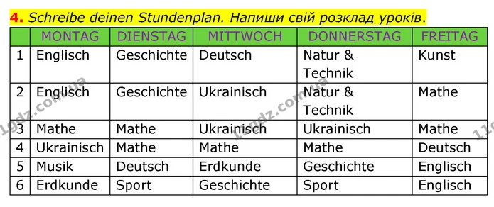 4. Schreibe deinen Stundenplan. Напиши свій розклад уроків. — ГДЗ Робочий зошит Німецька мова 6 клас Гоголєва