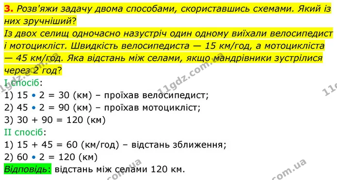 3. Розв'яжи задачу двома способами, скориставшись схемами. Який із них зручніший? — ГДЗ Математика 4 клас Логачевська 1 та 2 частини