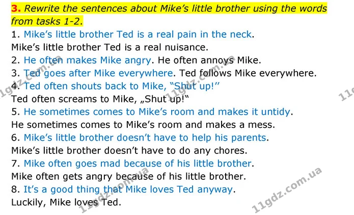 3. Rewrite the sentences about Mike’s little brother using the words from tasks 1-2. — ГДЗ Робочий зошит Англійська мова 5 клас Карпюк