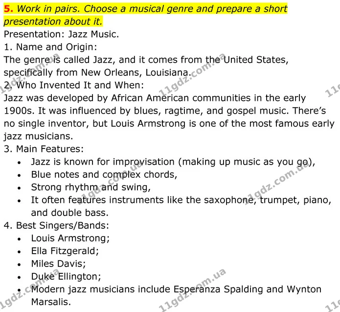 5. Work in pairs. Choose a musical genre and prepare a short presentation about it. — ГДЗ Англійська мова 8 клас Карпюк 2025