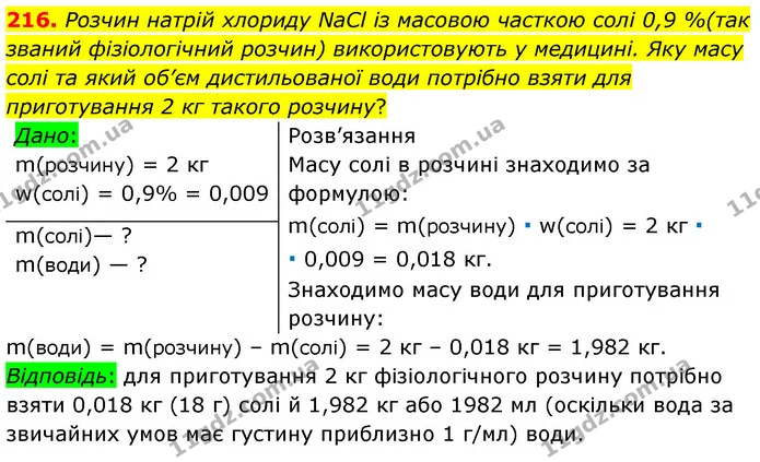 216. Розчин натрій хлориду NaCl із масовою часткою солі 0,9 %(так званий фізіологічний розчин) використовують у медицині. Яку масу солі — ГДЗ Хімія 7 клас Попель 2020