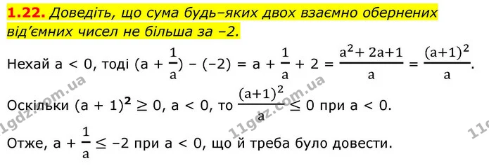 1.22. Доведіть, що сума будь–яких двох взаємно обернених від’ємних чисел не більша за –2. — ГДЗ Алгебра 9 клас Мерзляк 2026
