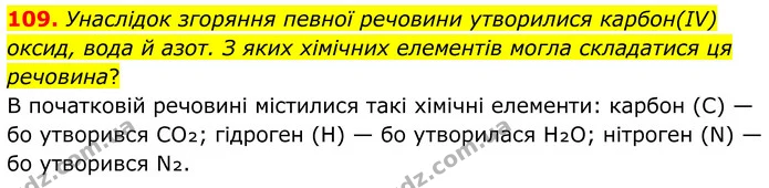 109. Унаслідок згоряння певної речовини утворилися карбон(ІV) оксид, вода й азот. З яких хімічних елементів могла складатися ця — ГДЗ Хімія 8 клас Григорович