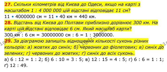 27. Скільки кілометрів від Києва до Одеси, якщо на карті з масштабом 1 : 4 000 000 цій відстані відповідає 11 см? — ГДЗ Математика 6 клас Бевз 1-2 ч.