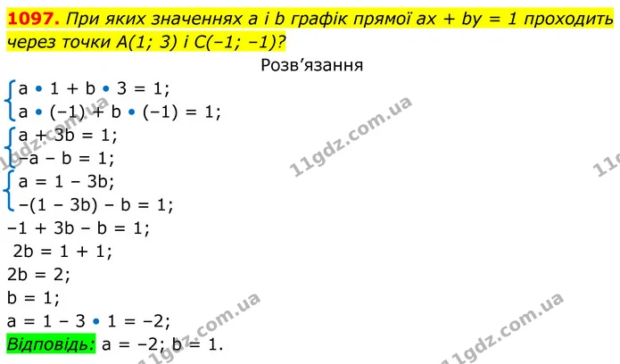 1097. При яких значеннях а і b графік прямої ах + bу = 1 проходить — ГДЗ Алгебра 7 клас Бевз