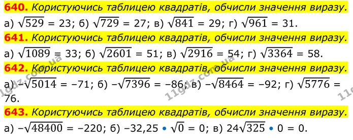 640. Користуючись таблицею квадратів, обчисли значення виразу. — ГДЗ Алгебра 8 клас Бевз