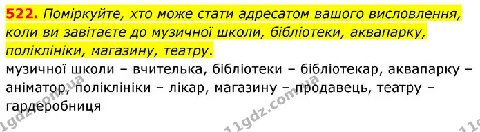 522. Поміркуйте, хто може стати адресатом вашого висловлення, коли ви завітаєте до музичної школи, бібліотеки, аквапарку, поліклініки — ГДЗ Українська мова 5 клас Заболотний 2022