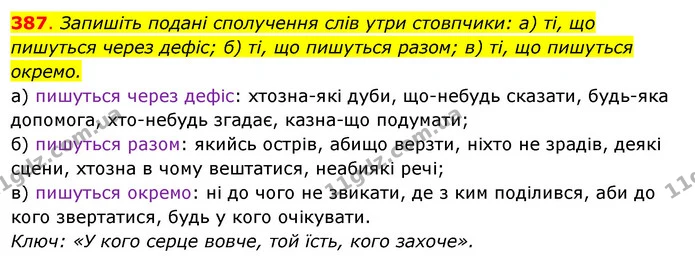 387. Запишіть подані сполучення слів утри стовпчики: а) ті, що пишуться через дефіс; б) ті, що пишуться разом; в) ті, що пишуться — ГДЗ Українська мова 6 клас Ворон, Солопенко