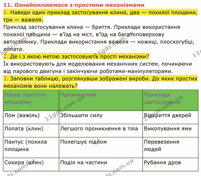 1. Наведи один приклад застосування клина, два — похилої площини, три — важеля. — ГДЗ Пізнаємо природу 5 клас Коршевнюк