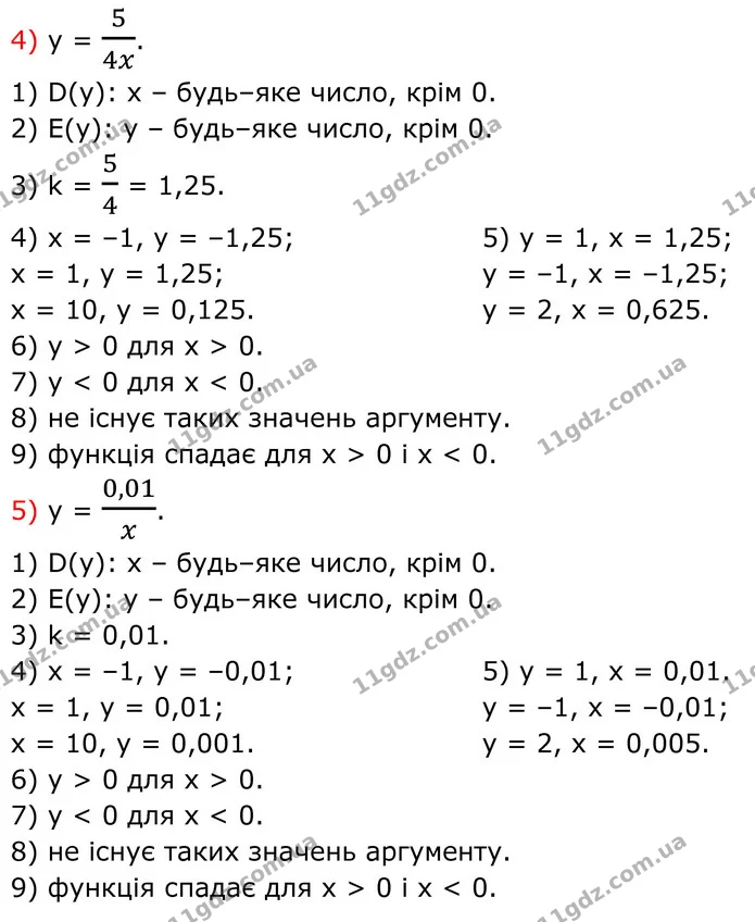 451. Дано функцію: Знайдіть: 1) область визначення функції; 2) область значень функції; 3) коефіцієнт k; 4) значення у, якщо х = –1; 1 — ГДЗ Алгебра 8 клас Тарасенкова