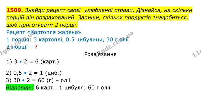 1509. Знайди рецепт своєї улюбленої страви. Дізнайся, на скільки порцій він розрахований. Запиши, скільки продуктів знадобиться, щоб — ГДЗ Математика 5 клас Бевз