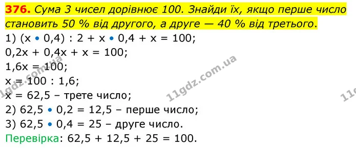 376. Сума 3 чисел дорівнює 100. Знайди їх, якщо перше число становить 50 % від другого, а друге — 40 % від третього. — ГДЗ Математика 6 клас Бевз 1-2 ч.