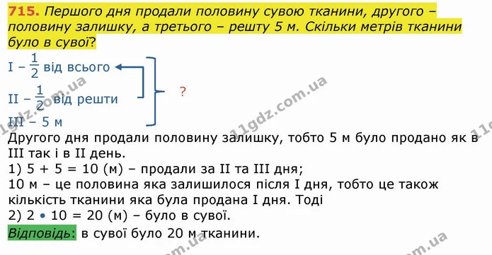 715. Першого дня продали половину сувою тканини, другого – половину залишку, а третього – решту 5 м. Скільки метрів тканини було в — ГДЗ Математика 4 клас Лишенко 1-2 ч.