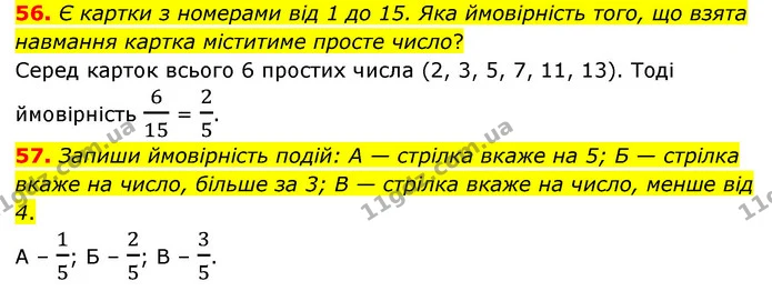 56. Є картки з номерами від 1 до 15. Яка ймовірність того, що взята навмання картка міститиме просте число? — ГДЗ Математика 6 клас Бевз 1-2 ч.