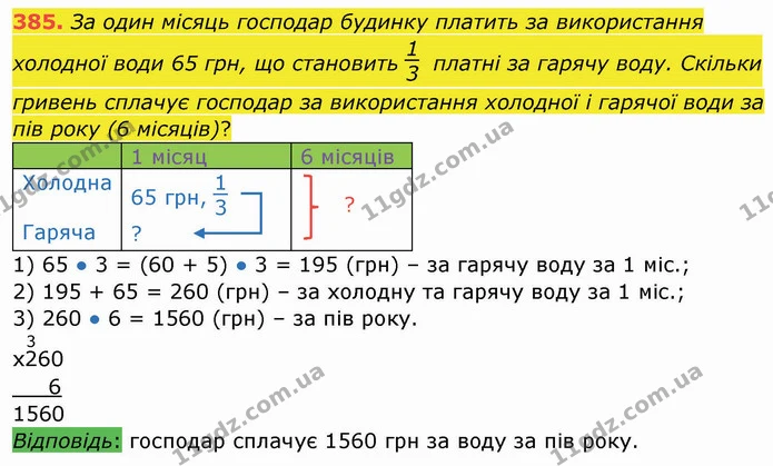 385. За один місяць господар будинку платить за використання холодної води 65 грн, що становить платні за гарячу воду. Скільки гривень — ГДЗ Математика 4 клас Заїка