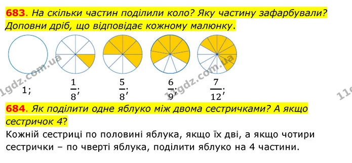683. На скільки частин поділили коло? Яку частину зафарбували? Доповни дріб, що відповідає кожному малюнку. — ГДЗ Математика 3 клас Бевз 2 частина